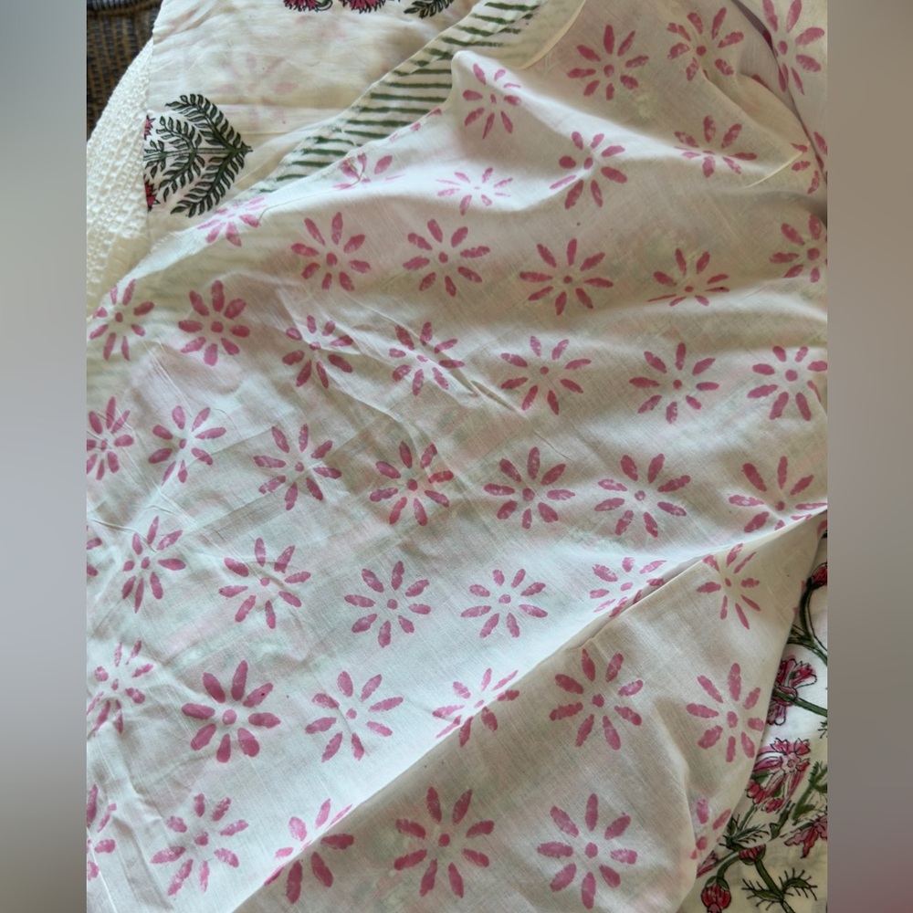 Floral Print Fabric with Pink and Green Accents New block Print cotton Saree - Picture 15 of 15